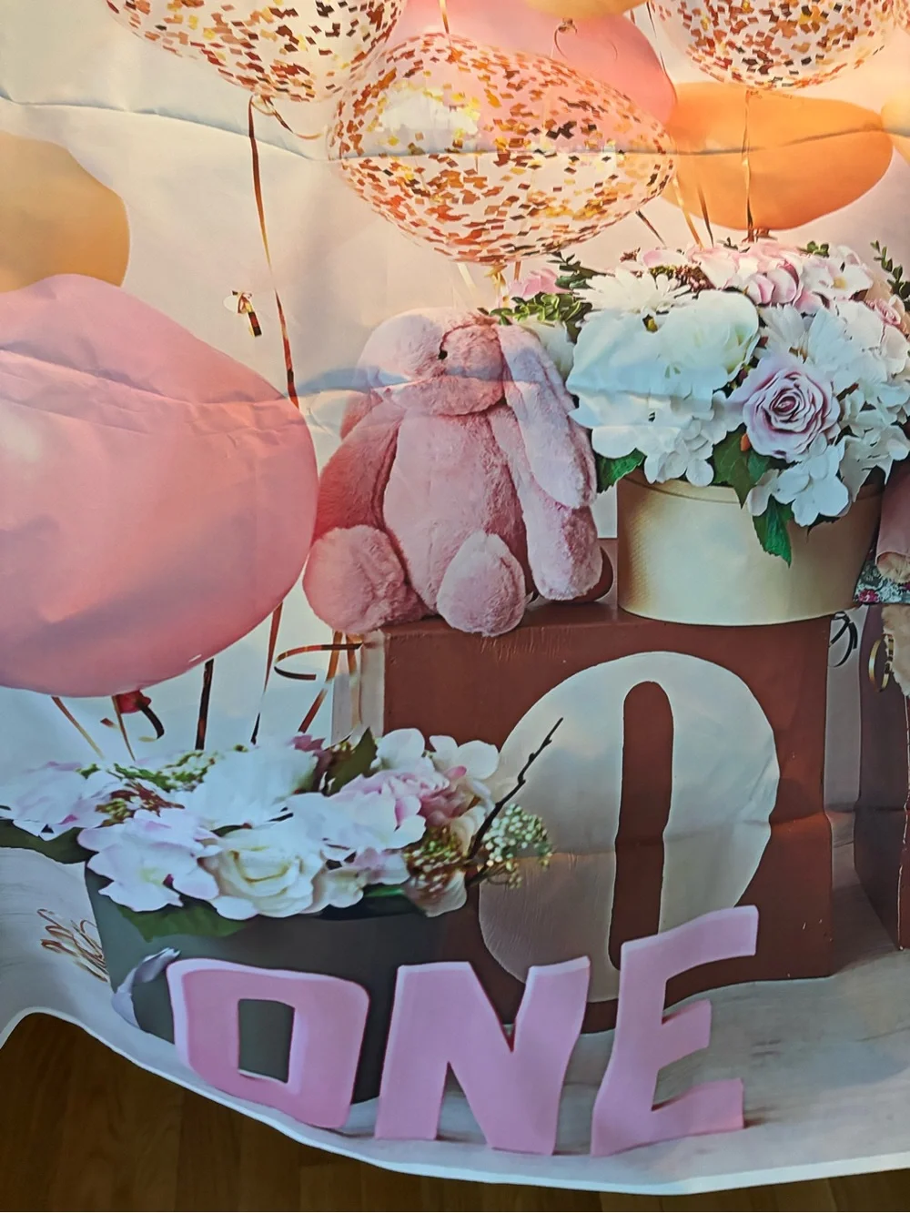 1st Birthday Girl Pink Party Napkins and Sash Set with photo backdrop and banner